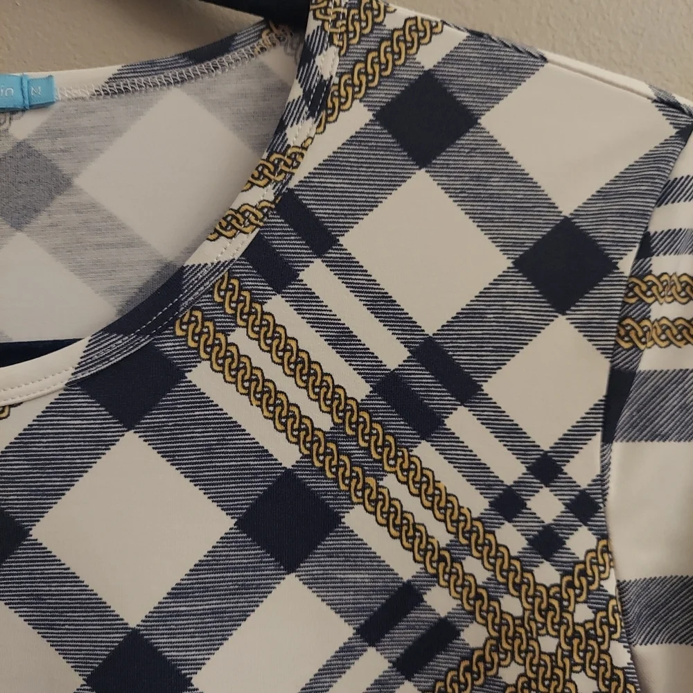 J MCLAUGHLIN Signature Catalina Cloth Blue And White Plaid 3/4 Length Sleeve Top - Picture 3 of 11